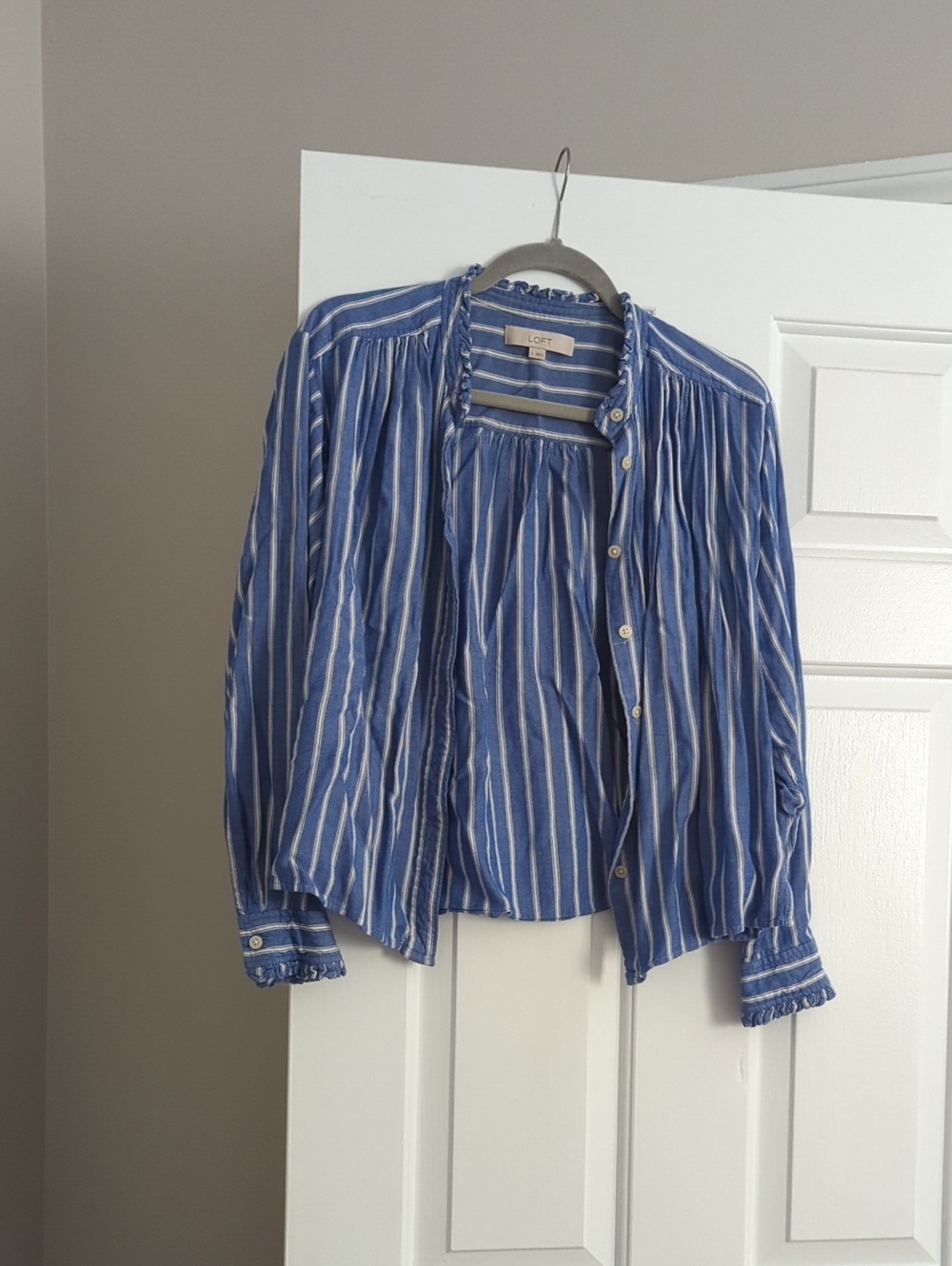 LOFT Blue and White Striped Button-Down Blouse
